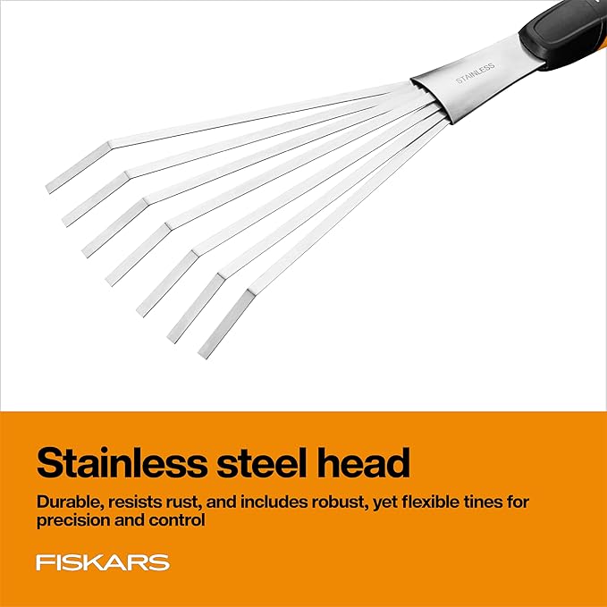 Fiskars Xact Hand Rake, Heavy Duty Gardening Hand Tool with Ergonomic Handle and Hanging Hole for Storage, Stainless Steel Head and Tines, Perfect for Maintaining a Raised Garden Bed