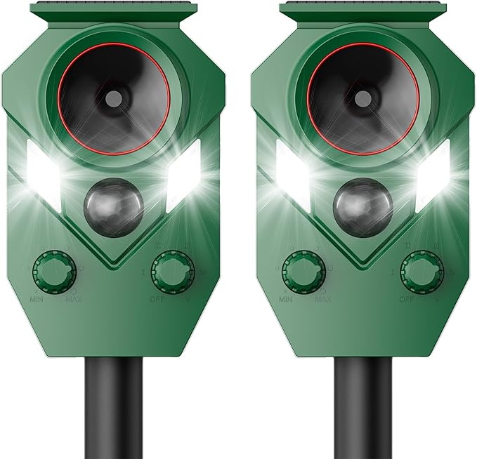 2 Pack Solar Ultrasonic Animal Repeller Outdoor – Motion Sensor Activated Deer Repellent with Flashing Lights & Sound, IP65 Waterproof, Deterrent for Cats, Dogs, Raccoons, Skunks, Birds