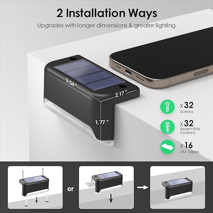 SOLPEX Solar Step Lights Outdoor, 8 Pack Warm White, Black, Waterproof LED Deck Lights for Stair, Balcony, Railing, Front Porch, Yard, Garden and Patio Decor