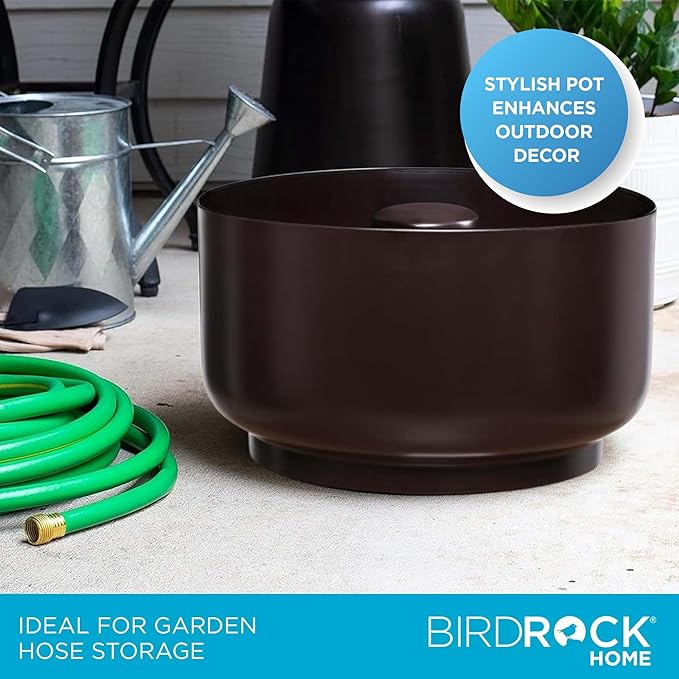 BIRDROCK HOME Decorative Footed Water Hose Holder Pot with Lid | Holds 100ft Hose | Ground Garden Box | Powdered Coated Steel | Metal Hider | Outdoor or Indoor (Oil Rubbed Bronze)