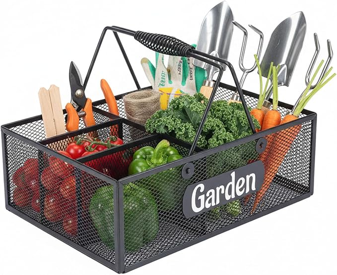 Xbopetda Garden Tool Storage, 4 Compartments Metal Mesh Garden Caddy, Portable Garden Basket with Handles, Gardening Tool Organizer for Indoor and Outdoor, Gardener Gift for Gardening Lovers, Black