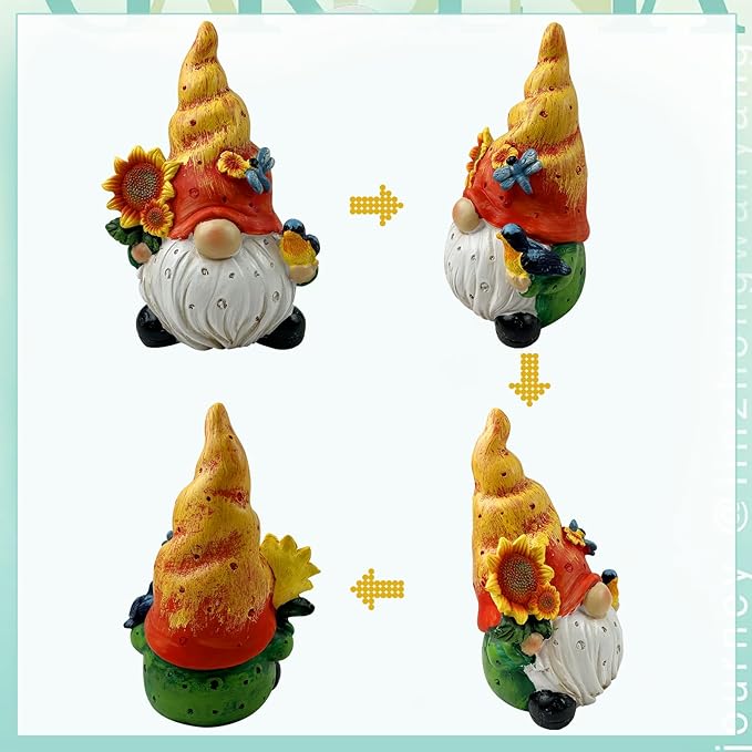 Fall Solar Gnome Garden Lights, Outdoor Gnome Statue with Sunflowers & Bird, Solar Powered Fairy Garden Lights Fall Gnomes Decorations for Home Outside Yard Lawn Patio Gnomes Gifts (Yellow)