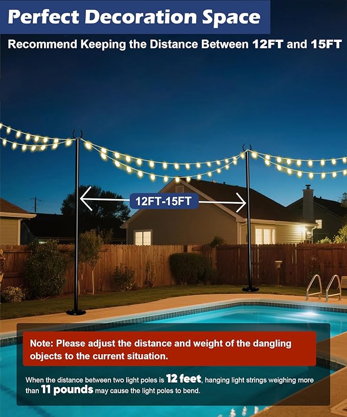 10FT String Light Pole for The Outdoor, Heavy Duty Metal Lighting Stand Pole for Hard Soil Wood Backyards Patio Weddings Holiday Party Decorations (1 Pack)