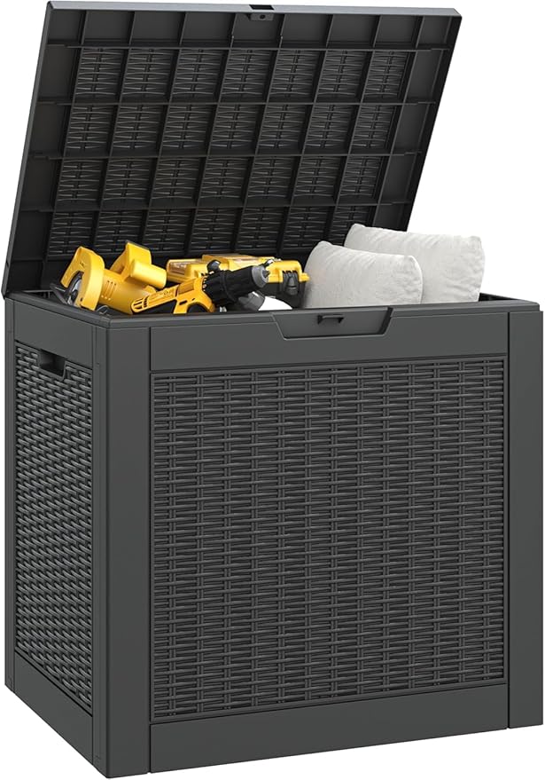 WTFGO 30 Gallon Outdoor Storage Deck Box Waterproof,Garden Tool,Backyard Cushion,Poolside Storage,Small Delivery Boxes for Outside,Lockable Lid,Rattan Black