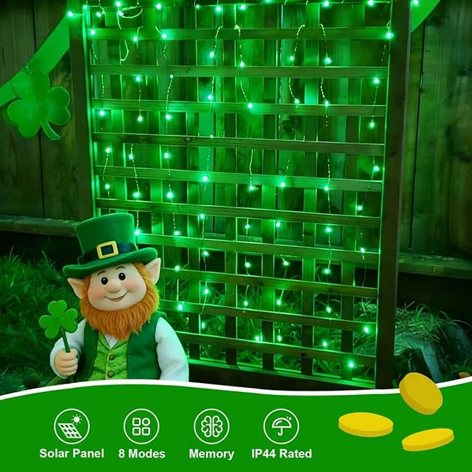 QITONG 4 Pack Solar St. Patricks Fairy Lights, Each 33ft 100 LED Green Christmas String Light Outdoor Waterproof, 8 Modes Silver Wire Twinkle Mini Lights