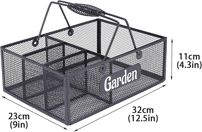 Xbopetda Garden Tool Storage, 4 Compartments Metal Mesh Garden Caddy, Portable Garden Basket with Handles, Gardening Tool Organizer for Indoor and Outdoor, Gardener Gift for Gardening Lovers, Black