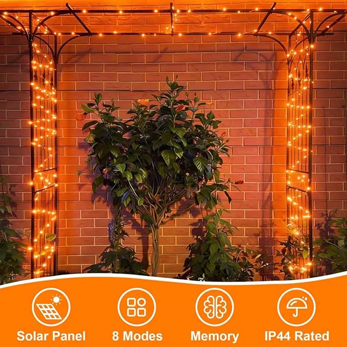 QITONG 4 Pack Solar Fairy Lights, Each 33ft 100 LED Orange Christmas String Light Outdoor Waterproof, 8 Modes Silver Wire Twinkle Mini Lights