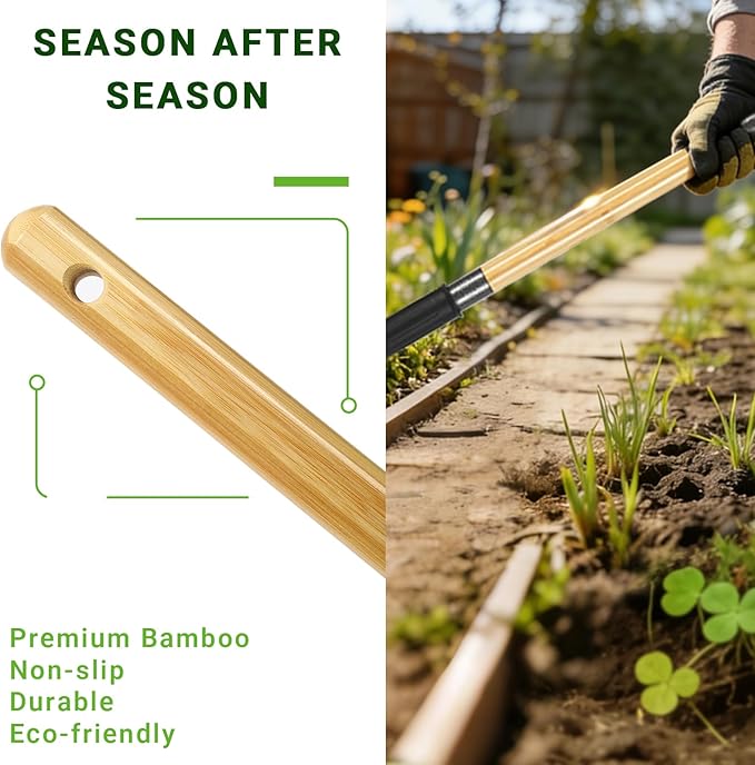Weed Puller Tool, Heavy Duty Gardening Hand Tools with 4-Claw Steel Head & Dual-Eject Mechanism, 43.5" Bamboo Long Handle Stand Up Weeding Tool for Lawn Yard, Includes 16 Gallon Leaf Bag