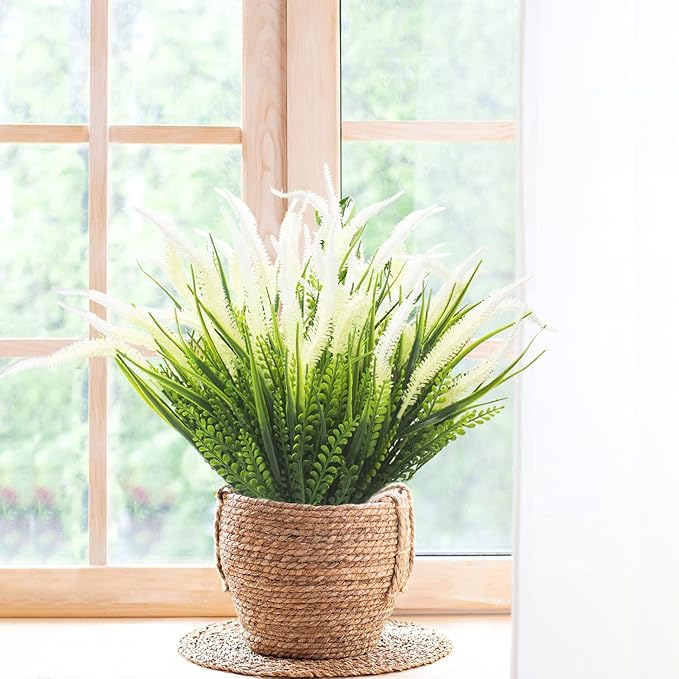 10 Bundles Artificial Plants Outdoor Fake Grass with Flowers UV Resistant Greenery Garden Porch Window Box Decorating (White)