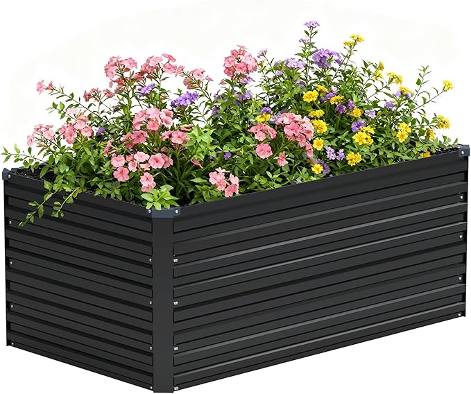 Vengarus 4x2x2FT Galvanized Raised Garden Bed Kit, Outdoor Metal Planter Box for Vegetables, Fruits,Herbs, and Succulents - 120 Gallon Capacity,Black