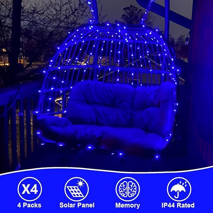 QITONG 4 Pack Solar Fairy Lights, Each 33ft 100 LED Blue Christmas String Light Outdoor Waterproof, 8 Modes Silver Wire Twinkle Mini Lights
