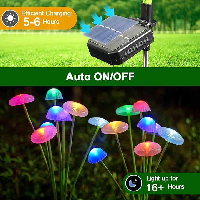 6 Pack Solar Garden Lights, 48 LEDs Swaying Mushroom Lights with 8 Lighting Modes, IP65 Waterproof Outdoor Decor for Garden, Yard, Patio, Pathway (Multicolor)