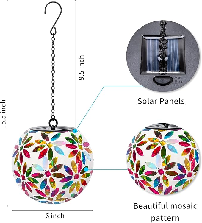 VCUTEKA Hanging Solar Lanterns Mosaic Solar Lights with Hook Up, Outdoor Garden Lights Decor for Yard Tree Fence Patio, Multicolor