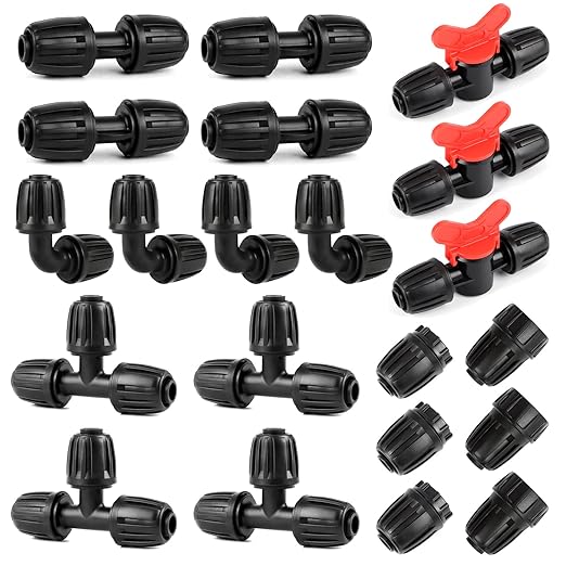 Copadri 21 Pieces1/2 Inch Drip Irrigation Fittings Kit, 1/2'' Drip Line Barbed Locked Connectors for 1/2 Inch Irrigation Tubing (1/2" ID x 0.640" OD) Coupling Tee Elbow Plug Valve Faucet Adapter