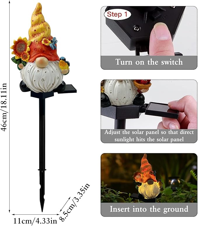 Fall Solar Gnome Garden Lights, Outdoor Gnome Statue with Sunflowers & Bird, Solar Powered Fairy Garden Lights Fall Gnomes Decorations for Home Outside Yard Lawn Patio Gnomes Gifts (Yellow)