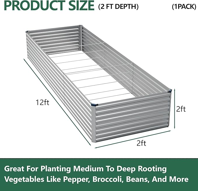 Vengarus 12x2x2FT Galvanized Raised Garden Bed Kit, Large Rectangle Elevated Planter for Vegetables, Flowers, Herbs and Succulents - 359 Gallon Capacity,Silver