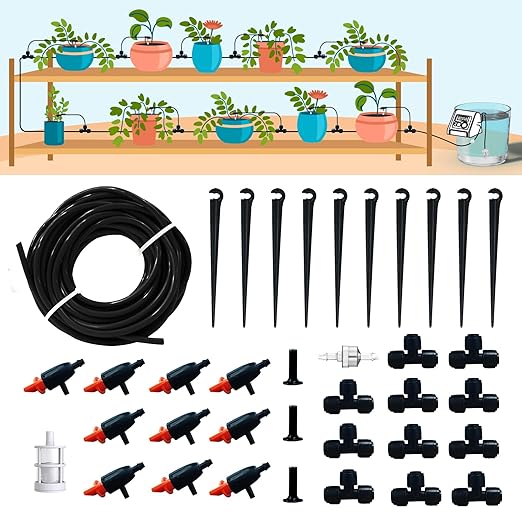RAINPOINT Quick-Connect 1/4 Drip Irrigation Tubing Adjustable Water Flow Rate Accessories Kit/Expansion Kit Pack for Extra 10 Plants, Dripline Tubing (ID: 1/6” / 4mm & OD: 1/4” / 6mm)