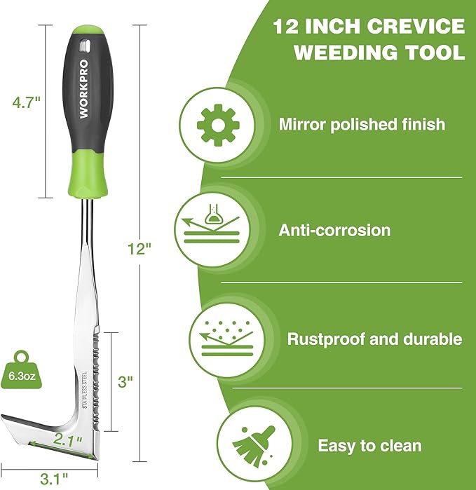 WORKPRO Crack Weeder, 12" Stainless Steel Crevice Weeding Tool with Soft Handle, L-Shaped Side-Walk Weed Puller Spatula, for Garden Lawn Yard Patio Terrace Paving Moss Garden Tool