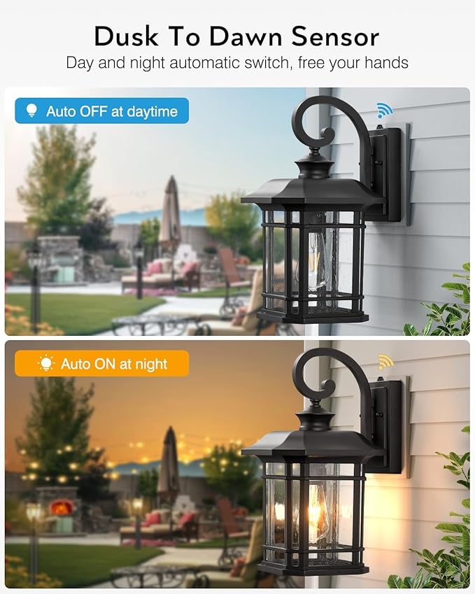 VIANIS 16.7 in Large Black Dusk to Dawn Outdoor Lighting, Anti-Rust Porch Light Fixture with Seed Tempered Glass, Waterproof Outdoor Wall Lights, Exterior Lighting Fixtures for House, Garden, Garage