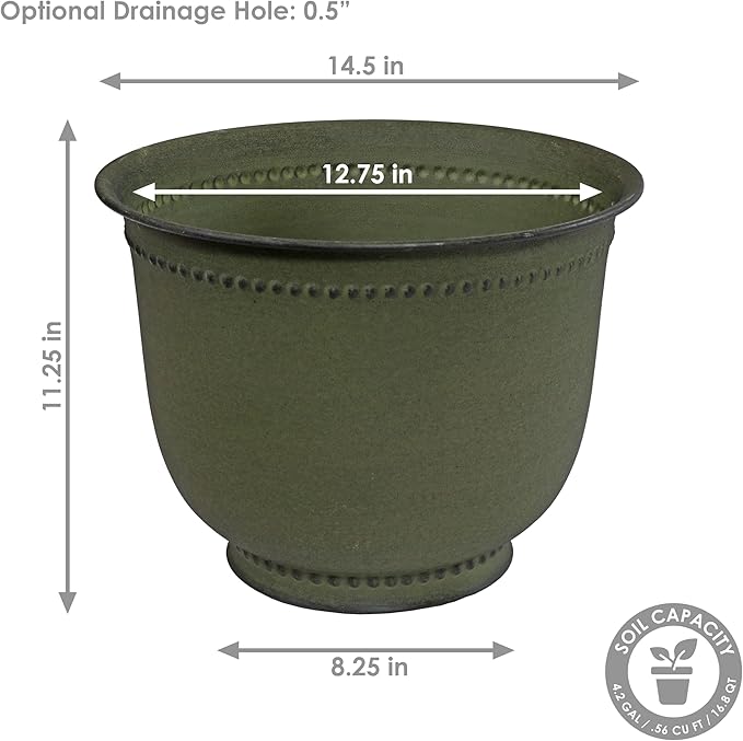 Sunnydaze Michael 14.5" Metal Outdoor Plant Pot Set with Drainage Holes and Rubber Plugs - Matte Sage - Set of 4