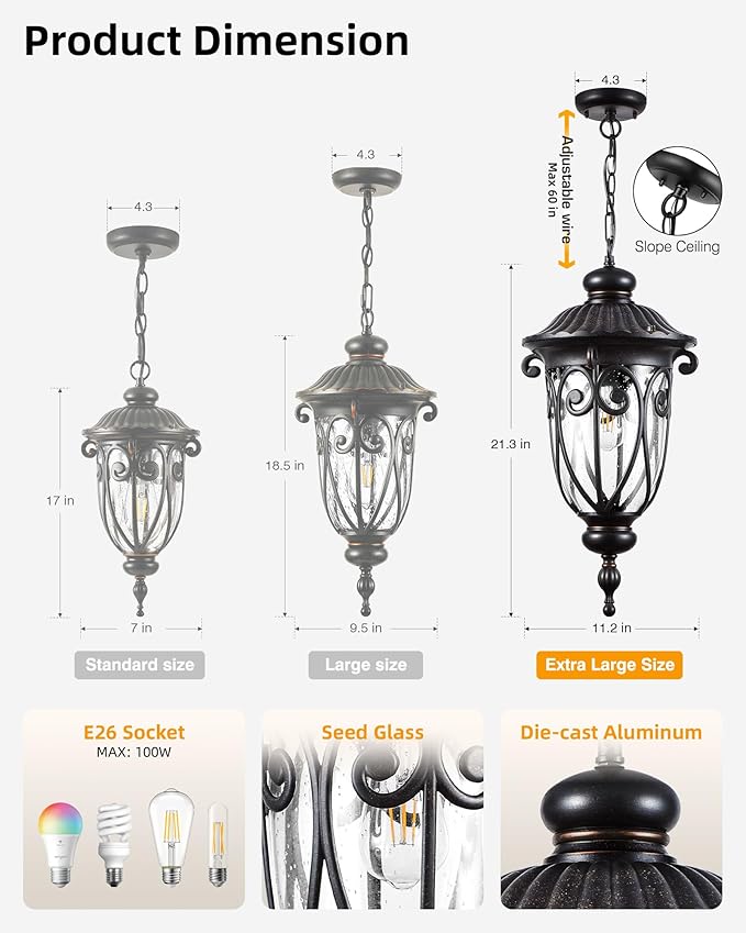 VIANIS Extra Large Outdoor Pendant Light, 21.3 in Outdoor Chandelier Bronze, Waterproof Outdoor Hanging Light with Seed Glass, Anti-Rust Outdoor Pendant Lights for Porch, Vintage Style