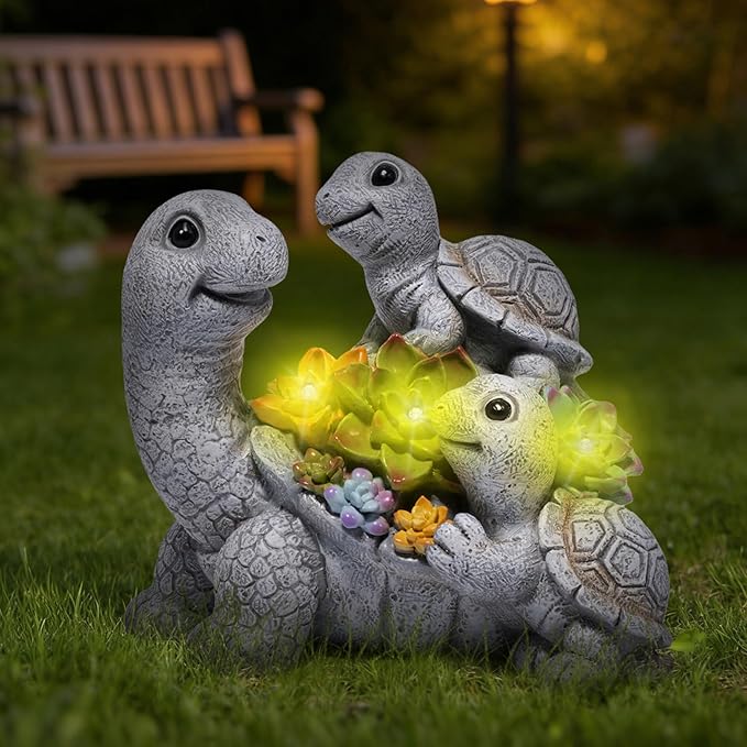 basen Solar Turtle Garden Statue with LED Succulent Lights, Resin Outdoor Tortoise Family Figurine, Waterproof Yard Lawn Patio Decor, Cute Animal Sculpture for Porch, Backyard, Gift