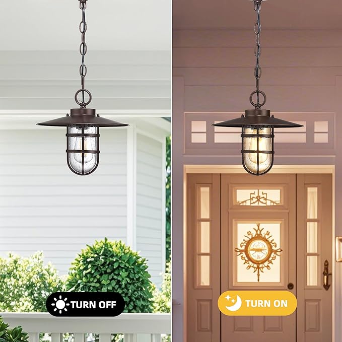 Oil Rubbed Bronze Outdoor Pendant Light,Weatherproof Anti-Rust 12''H Hanging Porch Light with Seeded Glass Shade Bulb Included,Outside Lantern Chandelier 70'' Adjustable Chain for Patio Garden
