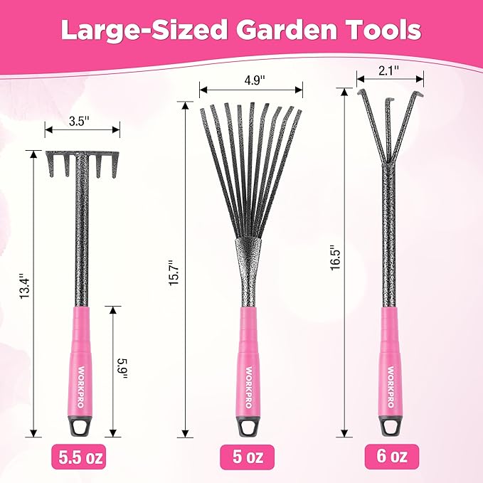 WORKPRO 6-Piece Pink Garden Tool Set, Heavy Duty Gardening Hand Tools with Soft Rubber Handle, Including Trowel, Rakes, 2-in-1 Hoe and Crack Weeder, Ideal Gardening Gifts for Men and Women