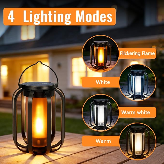(New) 2 Pack Solar Lanterns Lights, Solar Lights Outdoor with Flickering Flame, 4 Modes Waterproof Hanging Lantern Decorative, Solar Powered Lanterns for Yard Patio Proch Tree Garden Decor