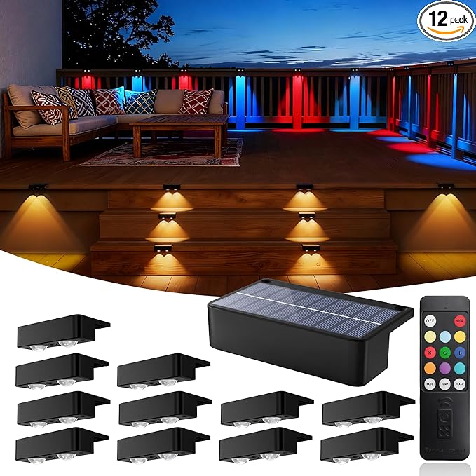Solar Fence Lights with Remote 12 Pack, 9 Fixed Colors 12 Modes, Fence Lights Solar Powered Outdoor Waterproof, Warm/Cool White, RGB LED Deck Lights for Step/Yard/Railing/Balcony/Patio/Stairs/Outside