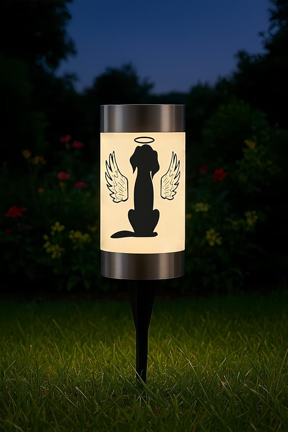 Solar Dog Memorial Garden Light, Outdoor Pet Remembrance Keepsake with Angel Silhouette, Automatic Dusk to Dawn LED Yard Stake