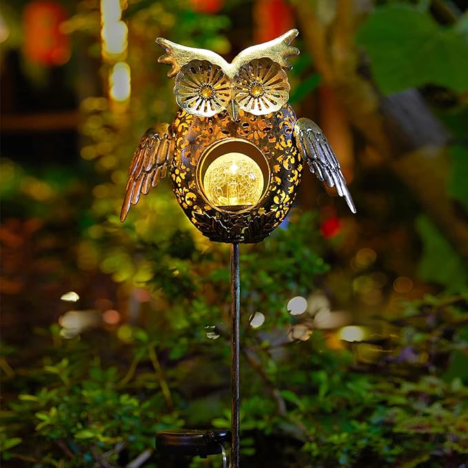 Go2garden Solar Lights Outdoor Owl Garden Gifts Mom Metal Stakes Lights for Lawn Ornaments, Yard Art, Pathway Decorations,Birthday Mothers' Day Gift for Grandma Wife (Bronze)