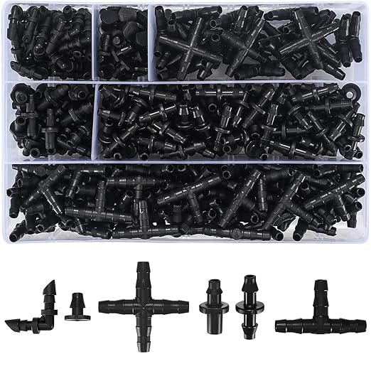 300 Pcs Irrigation Fittings Kit, Irrigation Barbed Connectors Parts, Drip Irrigation Barbed Connectors 1/4'' Tubing Fittings Kit (Single Barbs/Tees/End Plug/4-Way Coupling/Elbows/Straight Barbs)