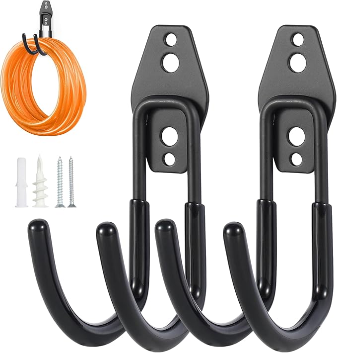Pruite Hose Hanger Wall Mount 2 Pack,Heavy Duty Hose Holder with Screws Metal Hose Hangers for Outside,Hose Rack Suitable for Garage,Garden and Yard,Black