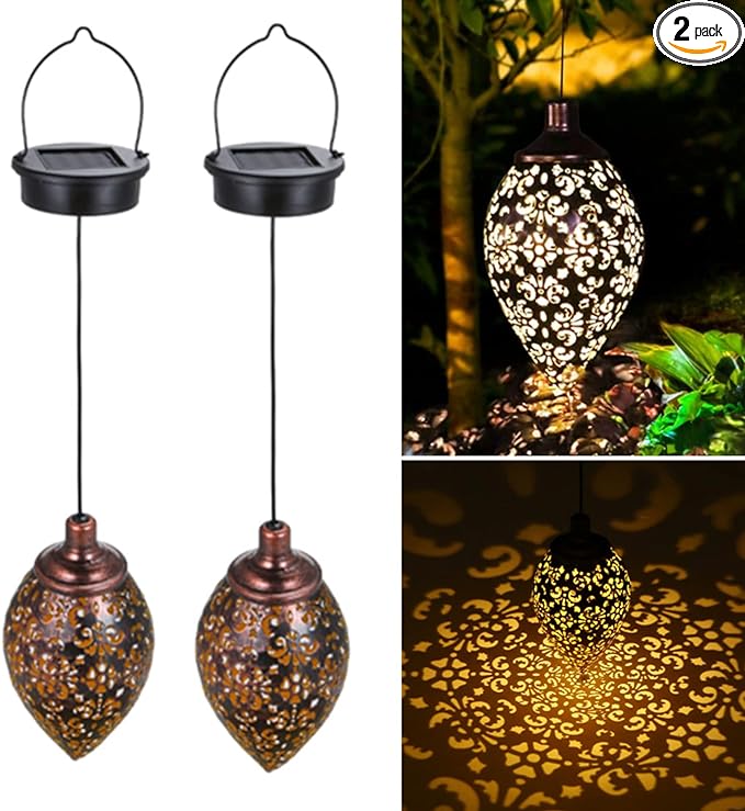 (2 Pack) Hanging Solar Lights, Tomshine Solar Lantern LED Moroccan Garden Decor, Metal Solar Lanterns Outdoor Waterproof for Outside, Patio, Porch, Pathway Hanging Decor