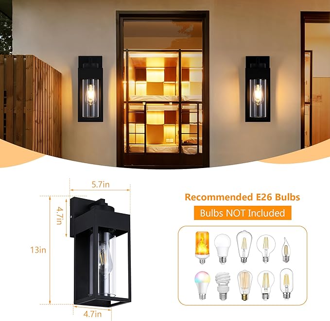 2-Pack Outdoor Wall Light Fixture, Exterior Porch Light with E26 Sockets &Glass Shades, Modern Wall Sconce for House Patio Garage Door