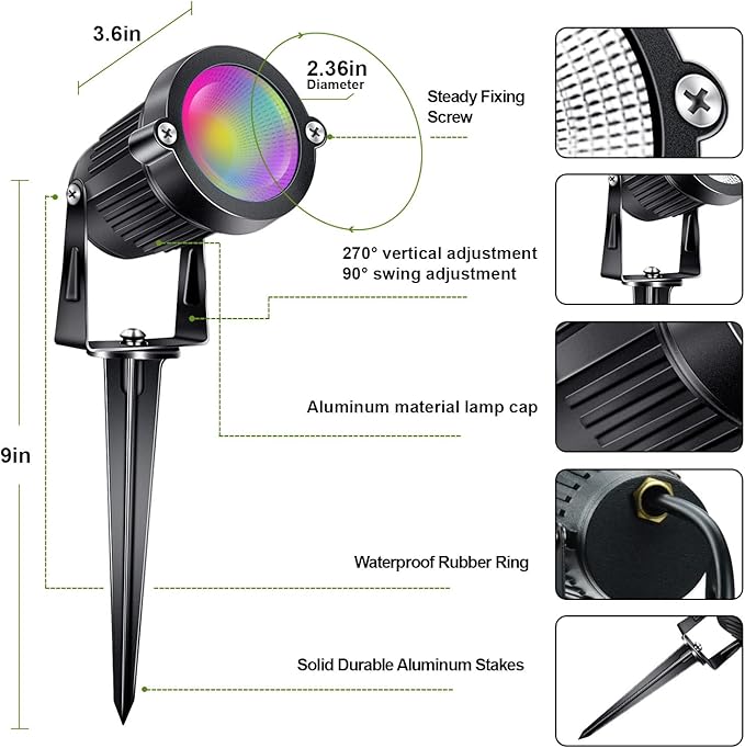 RGB+W Low Voltage Landscape Lights with Remote Control 5W 12V Landscape Lighting LED 16 Color Changing Spotlights Outdoor Waterproof Pathway Lights Garden Decorative(Not Include Transformer)