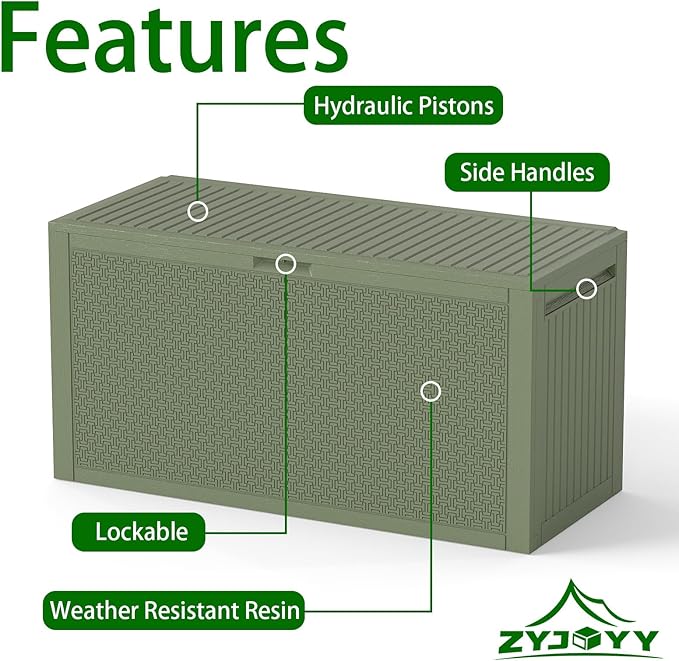 ZYJOYY Outdoor Storage Box, 90 Gallon Deck Box, Waterproof Resin Storage Bin for Patio Cushions, Gardening Tools, Lockable, UV Resistant,Olive Green