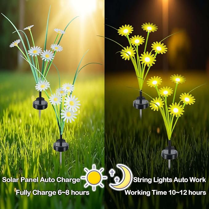Solar Outdoor Lights (2-Pack, 12 LEDs), Solar Garden Lighting, Outdoor Decorations, Daisy Light for Backyard Porch Balcony Party Decor, Unique Gifts (Warm White)