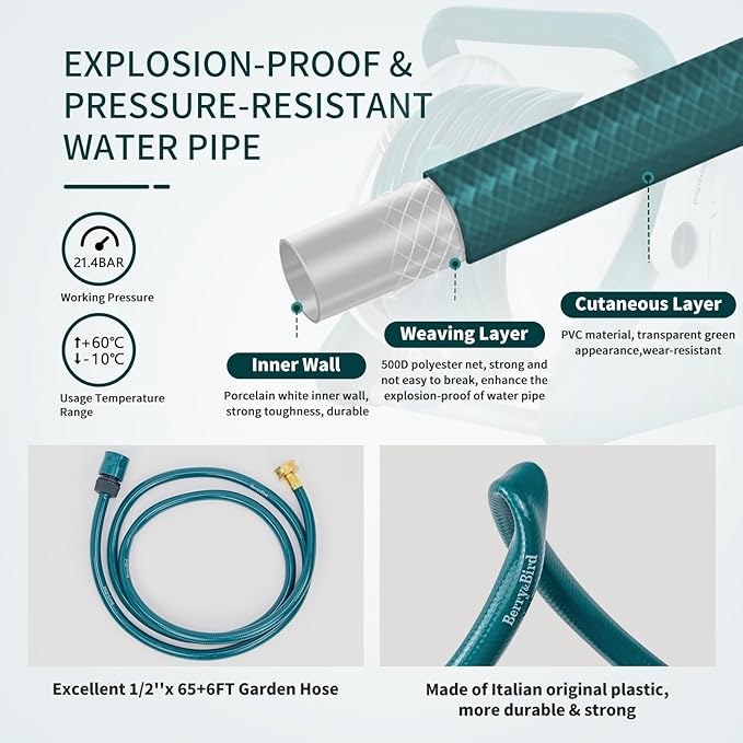 Berry&Bird Garden Portable Hose Reel, 1/2 inch x 65+6FT Wall/Floor Mounted Water Hose Holder, Garden Hose Reel Outdoor Water Pipe with 9 Pattern Hose Nozzle for Outside Gardening Car Cleaning Watering