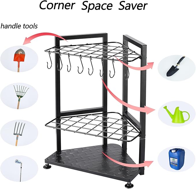 YueTong Garden Tool Organizer for Corner,Yard Tools Rack for Garage Storage Organization,Garage Tool Holder Free Standing No Mount.Heavy Duty and Solid Metal for Indoor and Outdoor Use.