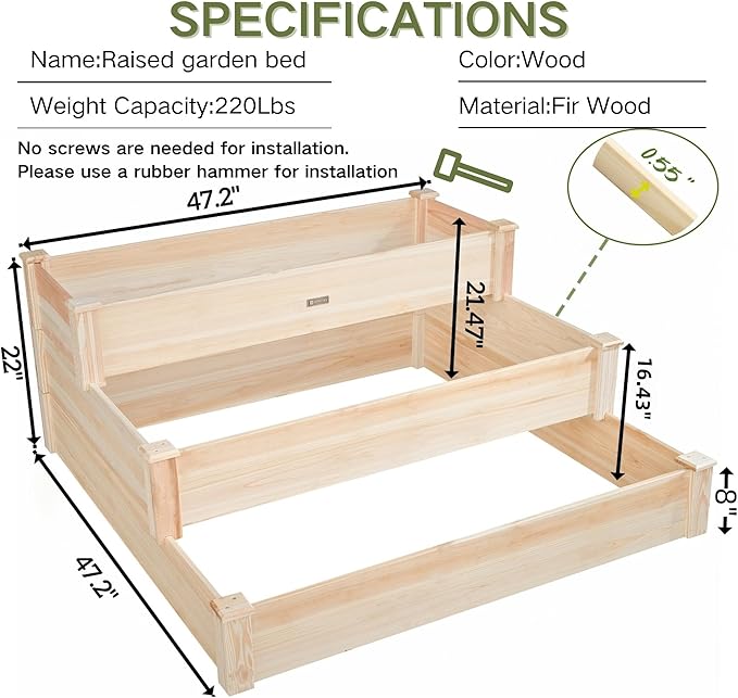 ZSYWODFO 3-Tier Raised Garden Bed with Fabric Liner, Wood Elevated Planter Box with Dovetail Joint Design, 3 Dividable Bed Kit for Vegetables/Herbs/Flowers, Outdoor Gardening for Patio, Lawn, Balcony