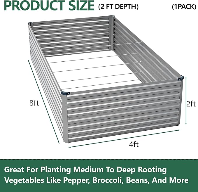 Vengarus 8x4x2FT Galvanized Raised Garden Bed Kit, Large Rectangle Elevated Planter for Vegetables, Flowers, Herbs and Succulents - 479 Gallon Capacity,Silver