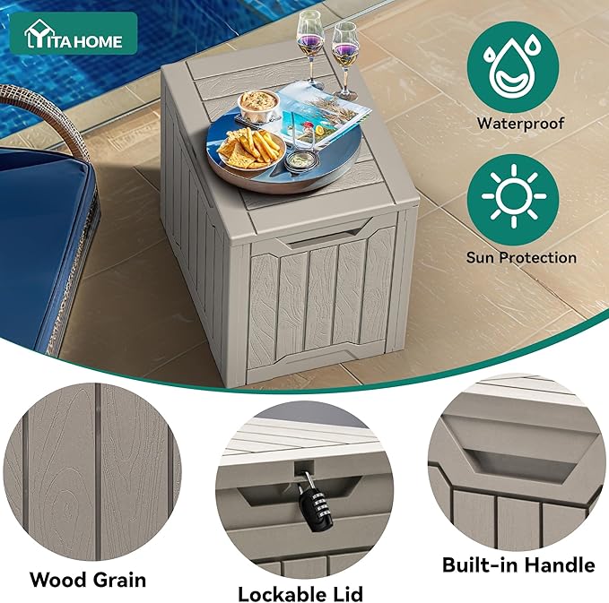 YITAHOME 31 Gallon Outdoor Storage Box, Resin Deck Box and Waterproof Package Delivery Box for Gardening Tools, Pool Supplies, Patio Furniture, Lockable, Taupe