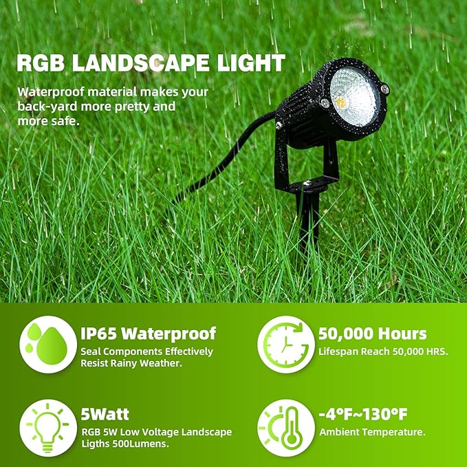 RGB+W Low Voltage Landscape Lights with Remote Control 5W 12V Landscape Lighting LED 16 Color Changing Spotlights Outdoor Waterproof Pathway Lights Garden Decorative(Not Include Transformer)