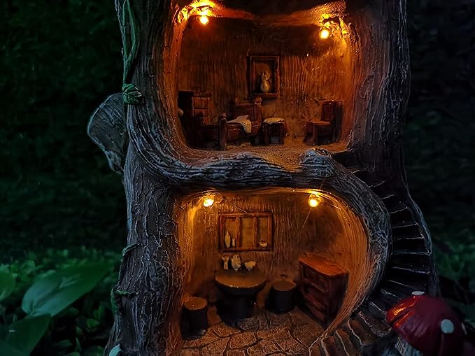 Solar Light Fairy Tree House - Fun Natural Figurine Sculpture with Solar LED Lights for Indoor Outdoor Art Decorations, Patio Yard Lawn Ornaments Gift