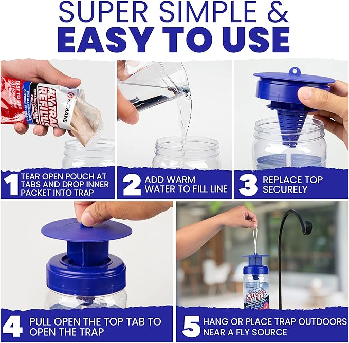 Fly Bait Fly Trap Refill Packets 6x1oz. Non Toxic Dissolvable Granules Work with All Reusable Flies Traps Outdoors Attractant. Flies Trap Bait Magnet Ranch Flytrap Outdoors. Cebo para Moscas