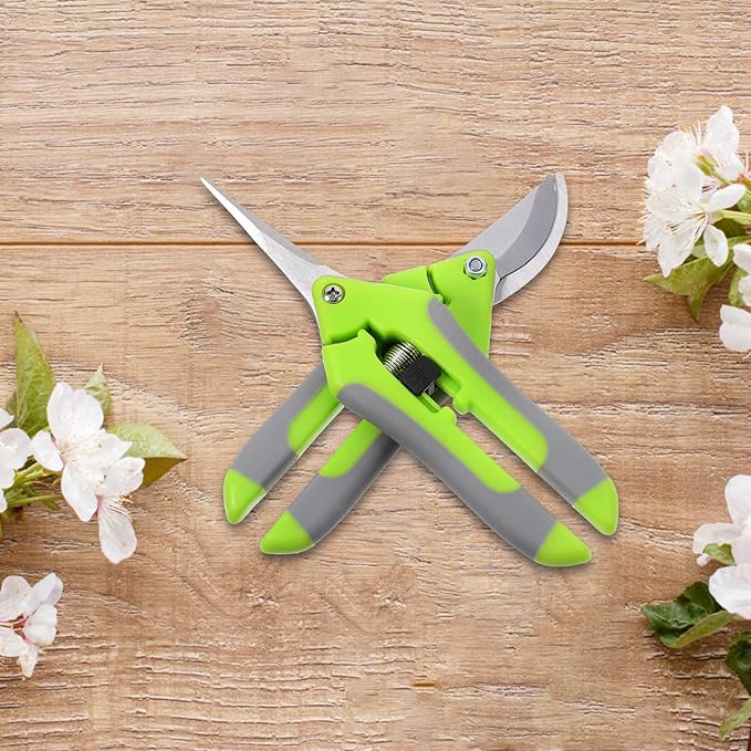 HANABASS 2pcs Garden Pruning Shears and Floral Flower Scissors for Gardening and Fruit Tree Trimming, Green Steel Curved Blade Hand Tools for Plant Pruning and Stem Cutting