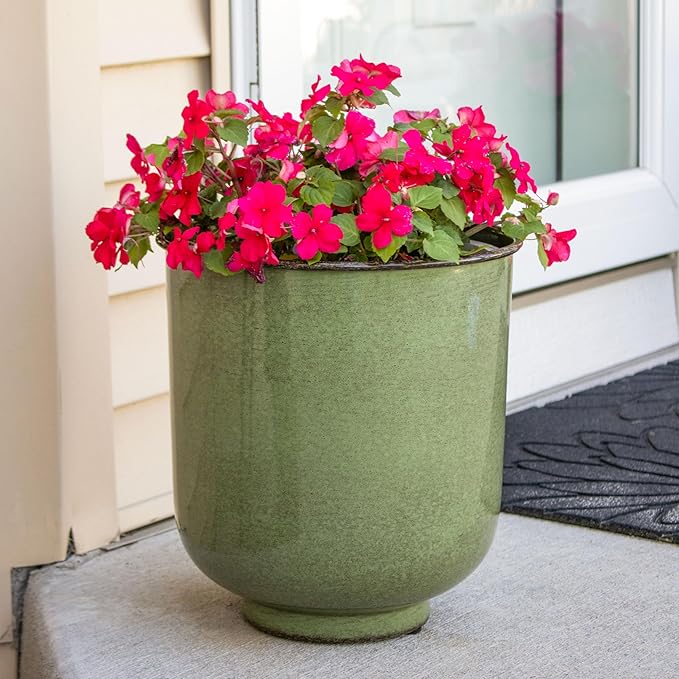 Sunnydaze Vivian 11" Metal Outdoor Plant Pot Set with Drainage Holes and Rubber Plugs - Jade Glaze - Set of 4