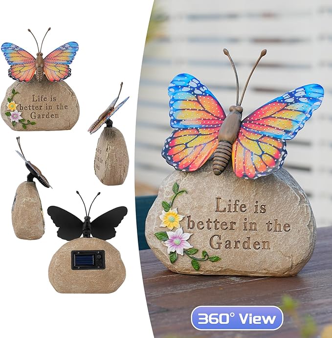 Solar LED Butterfly Garden Statue with Sparkling Light-Up Wings - Outdoor Yard Patio Decor Figurine, for Women Mom Grandma (Orange)